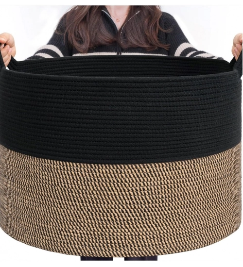 Cotton 16x14 Inch Pack of 1 Storage Basket For Clothes (Black- Beige Black)