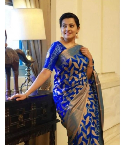 Women's Litchi silk Printed Saree With Unstitched Blouse (Blue) Women's Litchi silk Printed Saree With Unstitched Blouse (Blue)