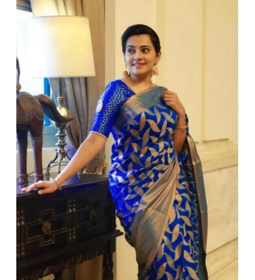 Women's Litchi silk Printed Saree With Unstitched Blouse (Blue)