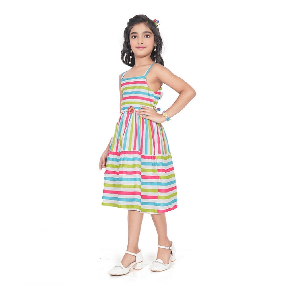 Girl's Cotton Striped Sleeve Less Squre Neck Dress (Multicolor)