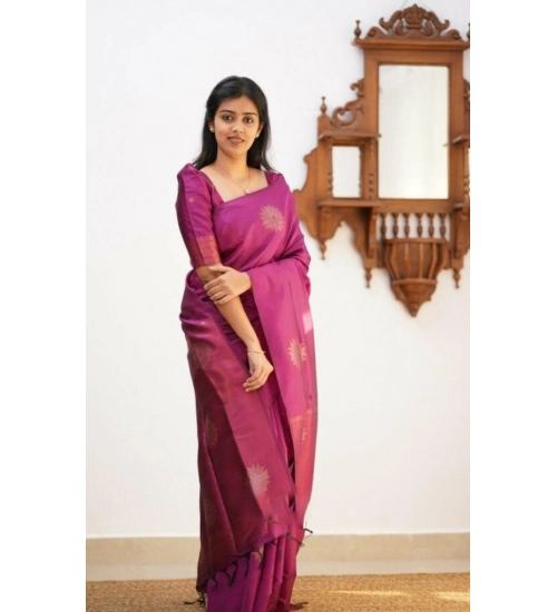 Women's Litchi silk Printed Saree With Unstitched Blouse (Dark Pink)