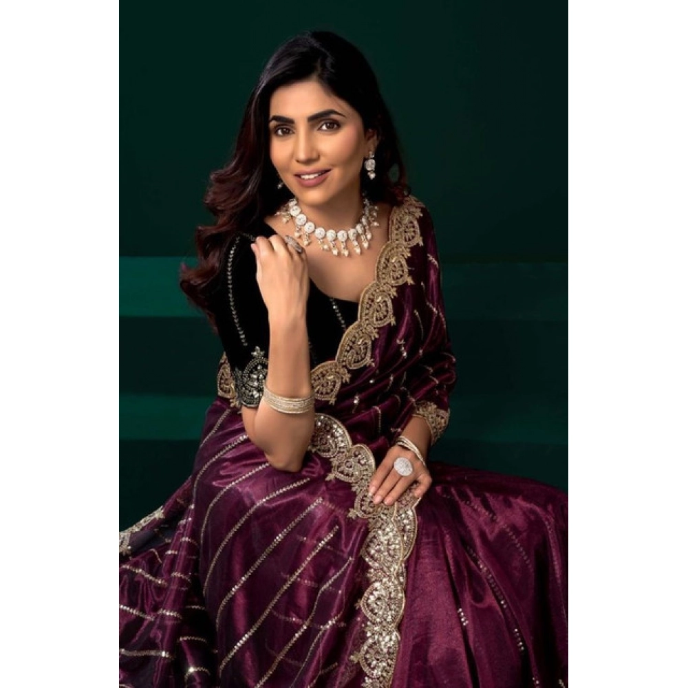 Women's Net Sequence Saree With Unstitched Blouse 5.5Mtr (Maroon) Women's Net Sequence Saree With Unstitched Blouse 5.5Mtr (Maroon)