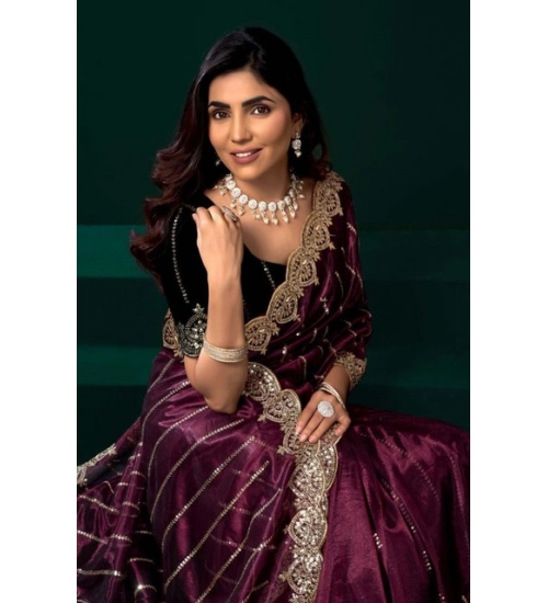 Women's Net Sequence Saree With Unstitched Blouse 5.5Mtr (Maroon)