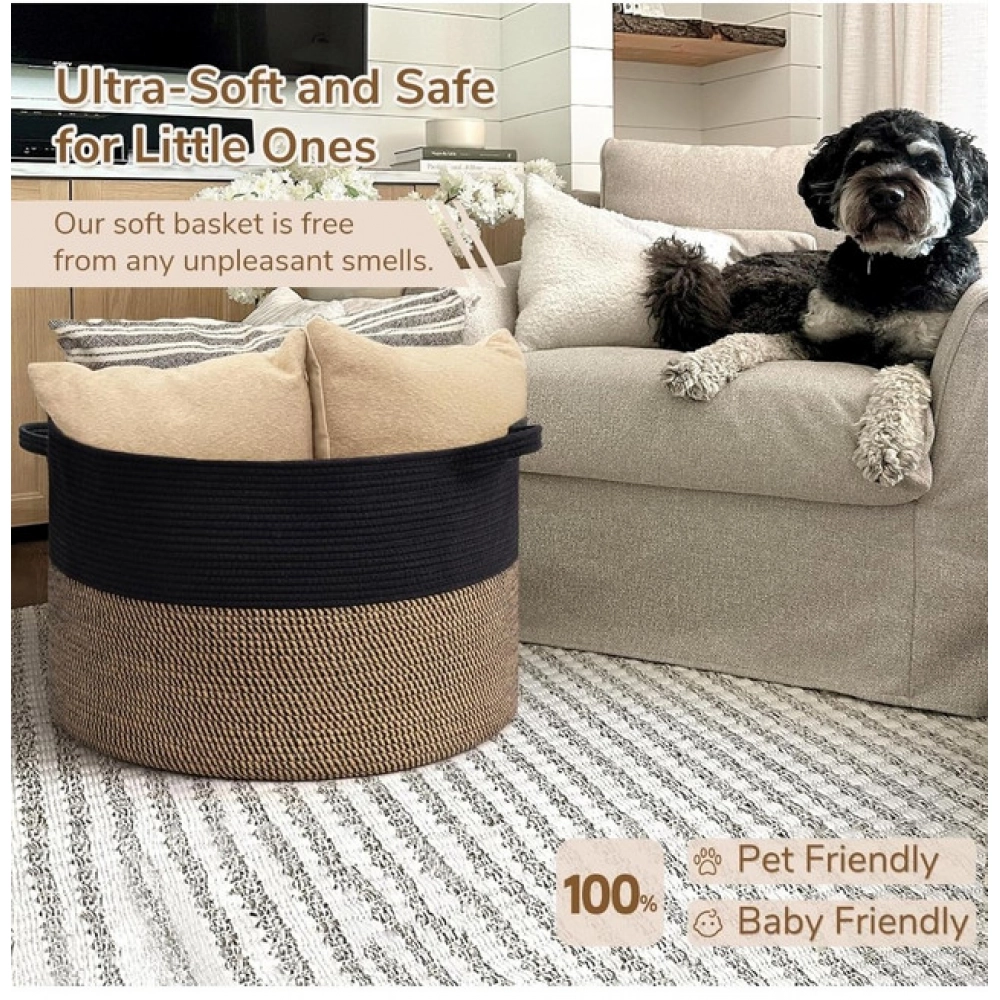 Cotton 16x14 Inch Pack of 1 Storage Basket For Clothes (Black- Beige Black)