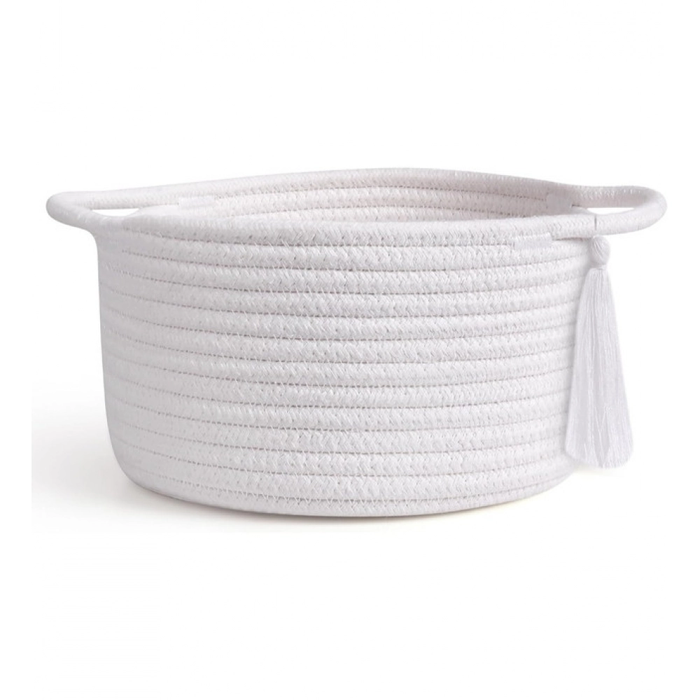 Cotton 8x4 Inch Round 2 Set With Jhalar Bedside Organizer (White)