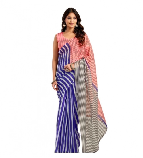 Women's Linen Cotton Printed Ready To Wear Saree With Unstitched Blouse 5.5 Mtr (Blue)