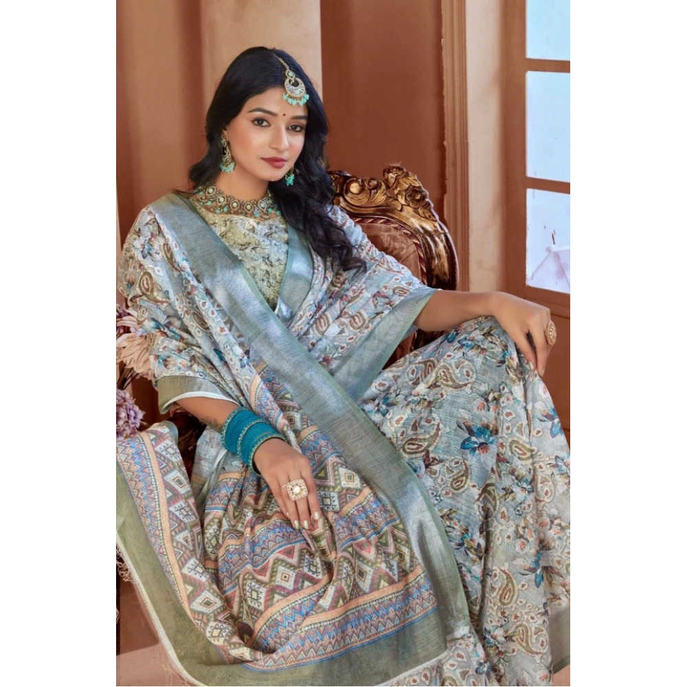 Women's Printed Cotton Linen Saree withPrinted Saree With Unstitched Blouse (Mint Green, 5-6Mtrs) Women's Printed Cotton Linen Saree withPrinted Saree With Unstitched Blouse (Mint Green, 5-6Mtrs)