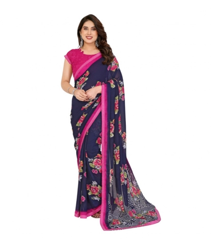 Women's Georgette Printed Saree With Unstitched Blouse 5.5Mtr (Blue)