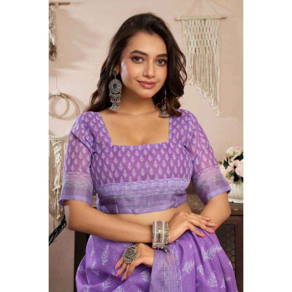 Women's Linen Cotton Printed Ready To Wear Saree With Unstitched Blouse 5.5 Mtr (Lavender)