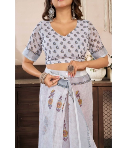Women's Faux Linen Floral Print Ready to wear Saree With Unstitched Blouse 5.5Mtr (Off_White)