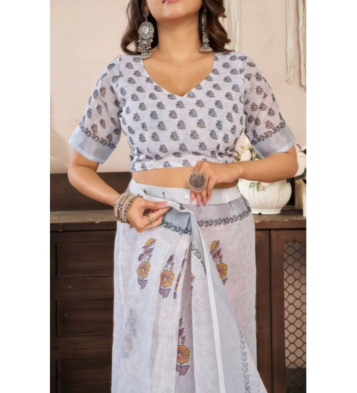 Women's Faux Linen Floral Print Ready to wear Saree With Unstitched Blouse 5.5Mtr (Off_White)