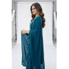Women's Georgette Ethnic Motif Round 3/4th Sleeve Kurti With Pant Dupatta Set (Teal)