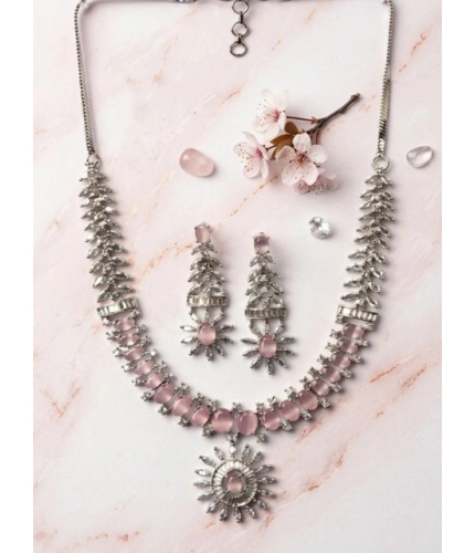 Women's Brass Silver Plated Necklace set (Pink)