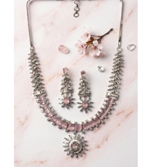 Women's Brass Silver Plated Necklace set (Pink)