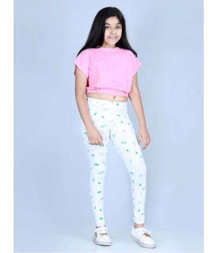 Girl's Cotton Lycra Printed Elasticated Leggings (White)