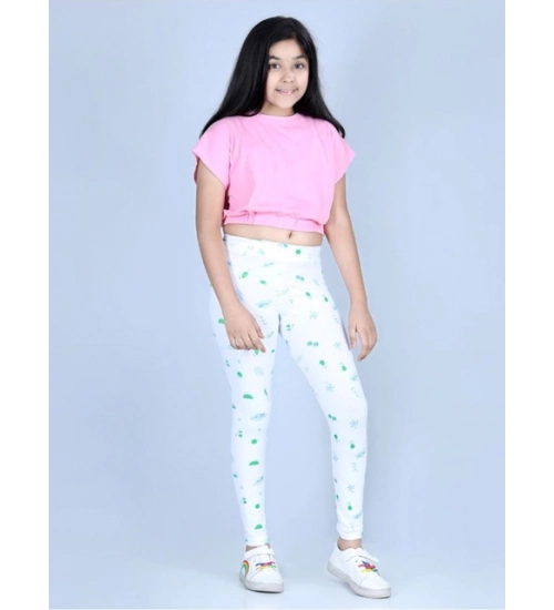Girl's Cotton Lycra Printed Elasticated Leggings (White)