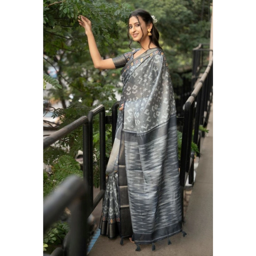 Women's Polyester Printed Saree With Unstitched Blouse 5.5 Mtr (Grey)