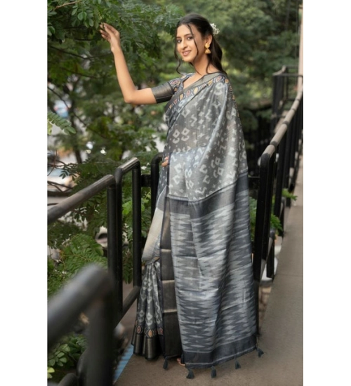 Women's Polyester Printed Saree With Unstitched Blouse 5.5 Mtr (Grey)