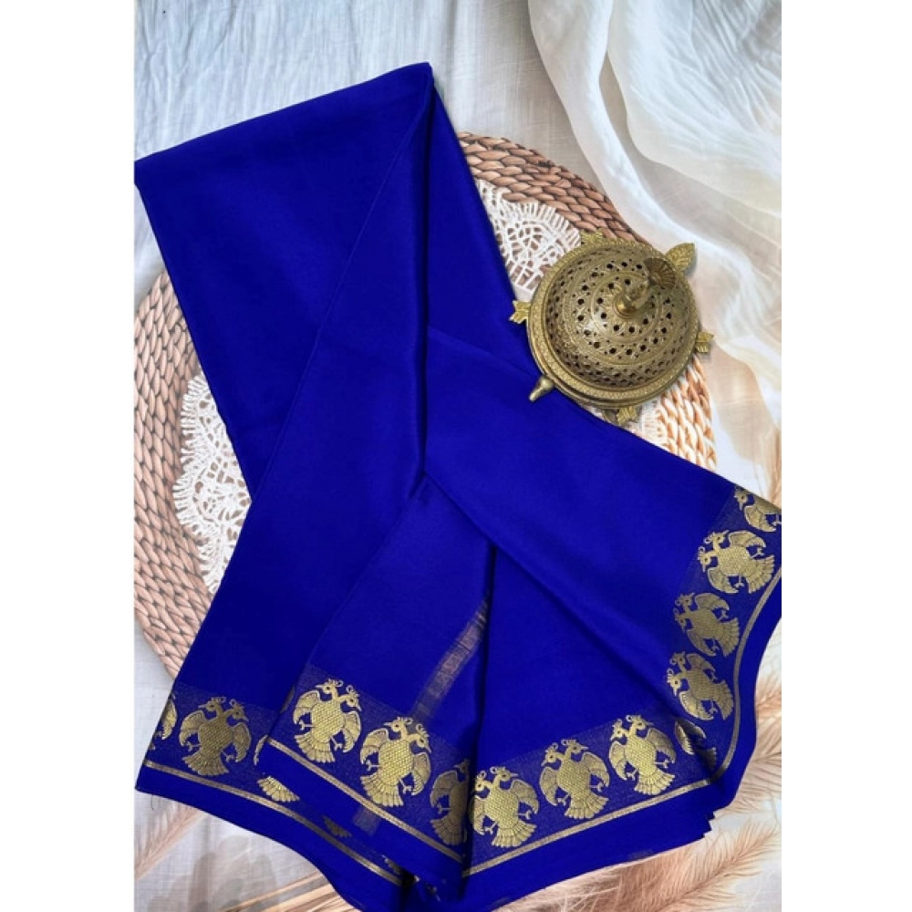 Women's Crepe Chit Pallu Solid Saree With Unstitched Blouse 5.5Mtr (Navy Blue)