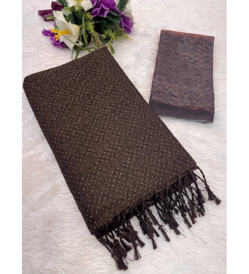 Women's Chiffon Zigzag lines Saree With Unstitched Blouse 5.5Mtr (Brown)