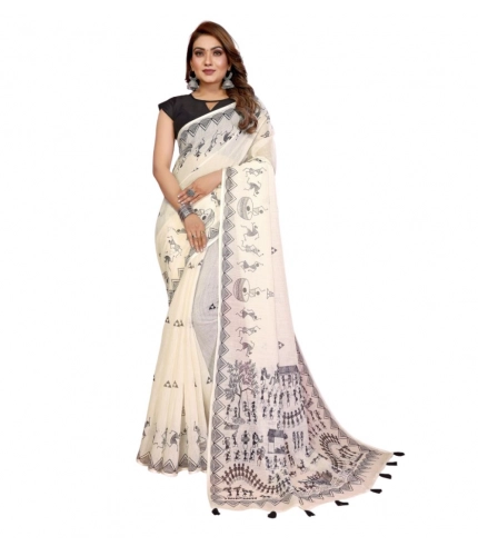 Women's Linen Cotton Printed Saree With Unstitched Blouse 5.5Mtr (Off White)