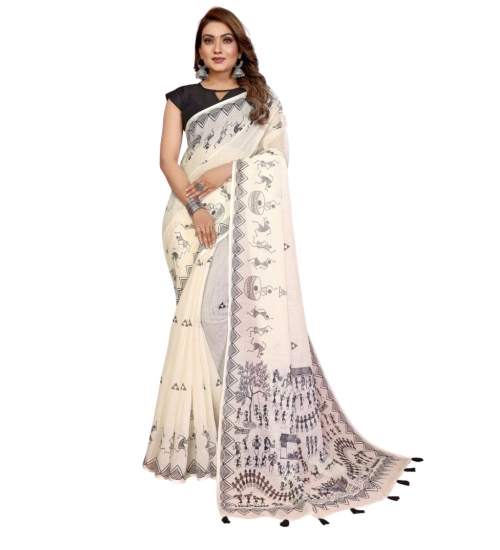 Women's Linen Cotton Printed Saree With Unstitched Blouse 5.5Mtr (Off White) Women's Linen Cotton Printed Saree With Unstitched Blouse 5.5Mtr (Off White)