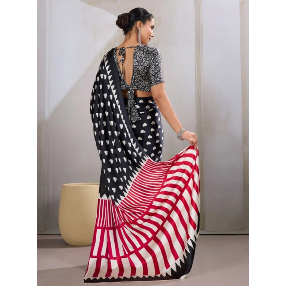 Women's Satin Crepe Printed Saree With Unstitched Blouse 5.5Mtr (Black)