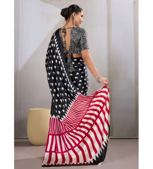 Women's Satin Crepe Printed Saree With Unstitched Blouse 5.5Mtr (Black)