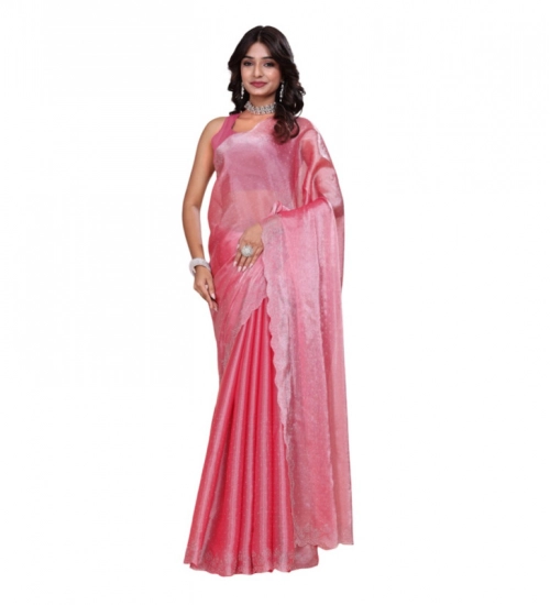 Women's Jimmy choo Embellished Bollywood Saree With Unstitched Blouse 5.5Mtr (Pink)