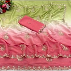 Women's Digital Printed  Geogette Saree With Unstitched Blouse (Blue, 5-6 Mtrs)