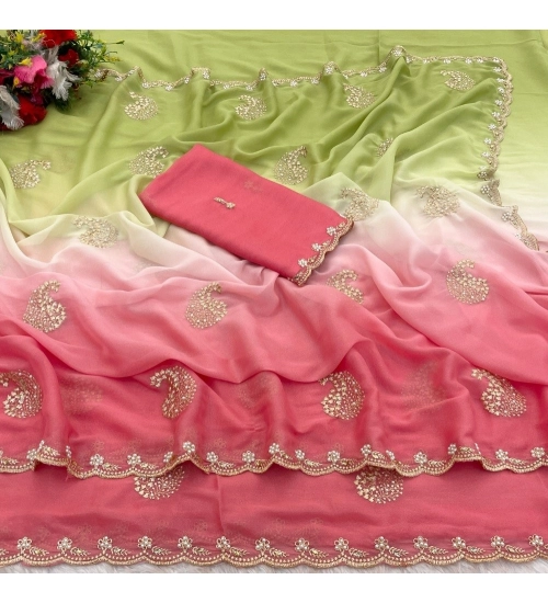 Women's Digital Printed  Geogette Saree With Unstitched Blouse (Blue, 5-6 Mtrs)