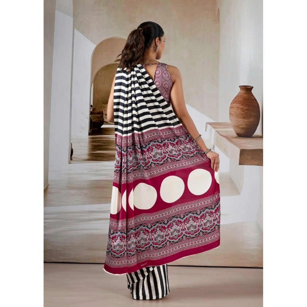Women's Satin Crepe Printed Saree With Unstitched Blouse 5.5Mtr (Black)