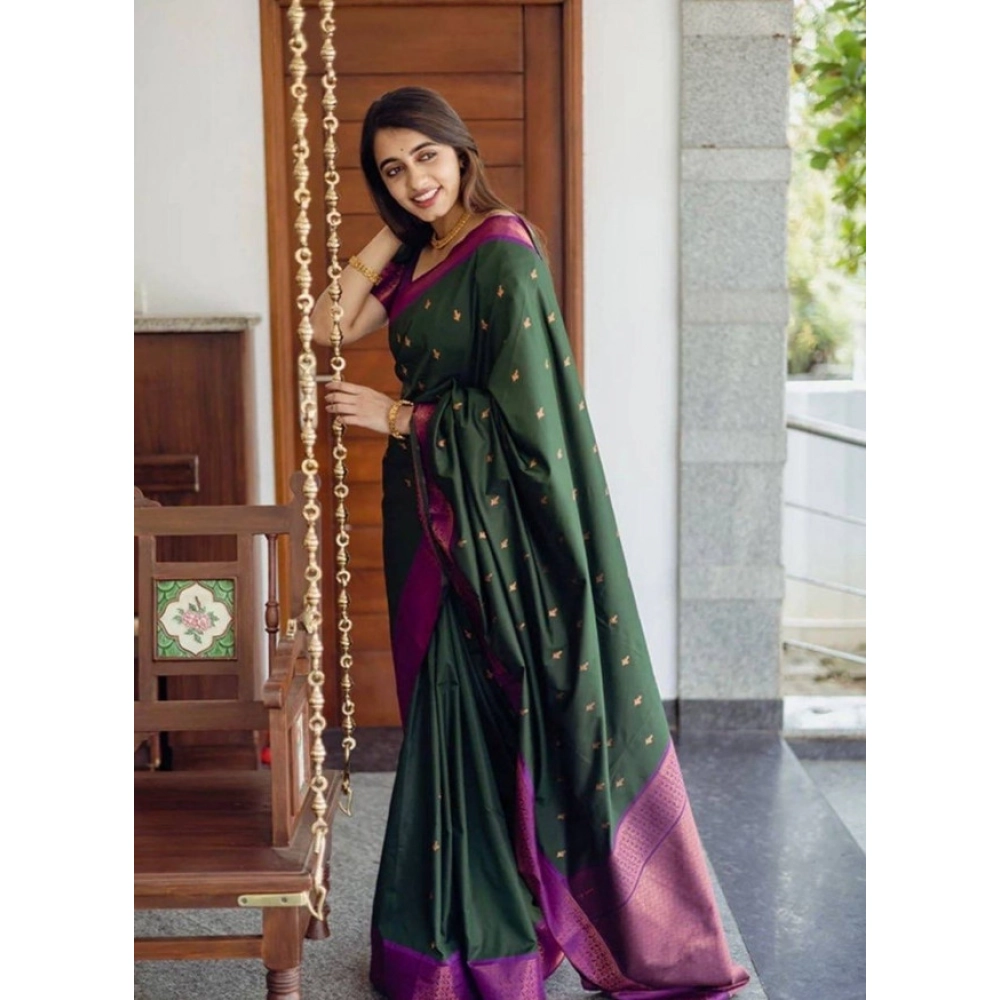 Women's Litchi silk Printed Saree With Unstitched Blouse (Dark Green) Women's Litchi silk Printed Saree With Unstitched Blouse (Dark Green)