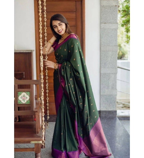 Women's Litchi silk Printed Saree With Unstitched Blouse (Dark Green)