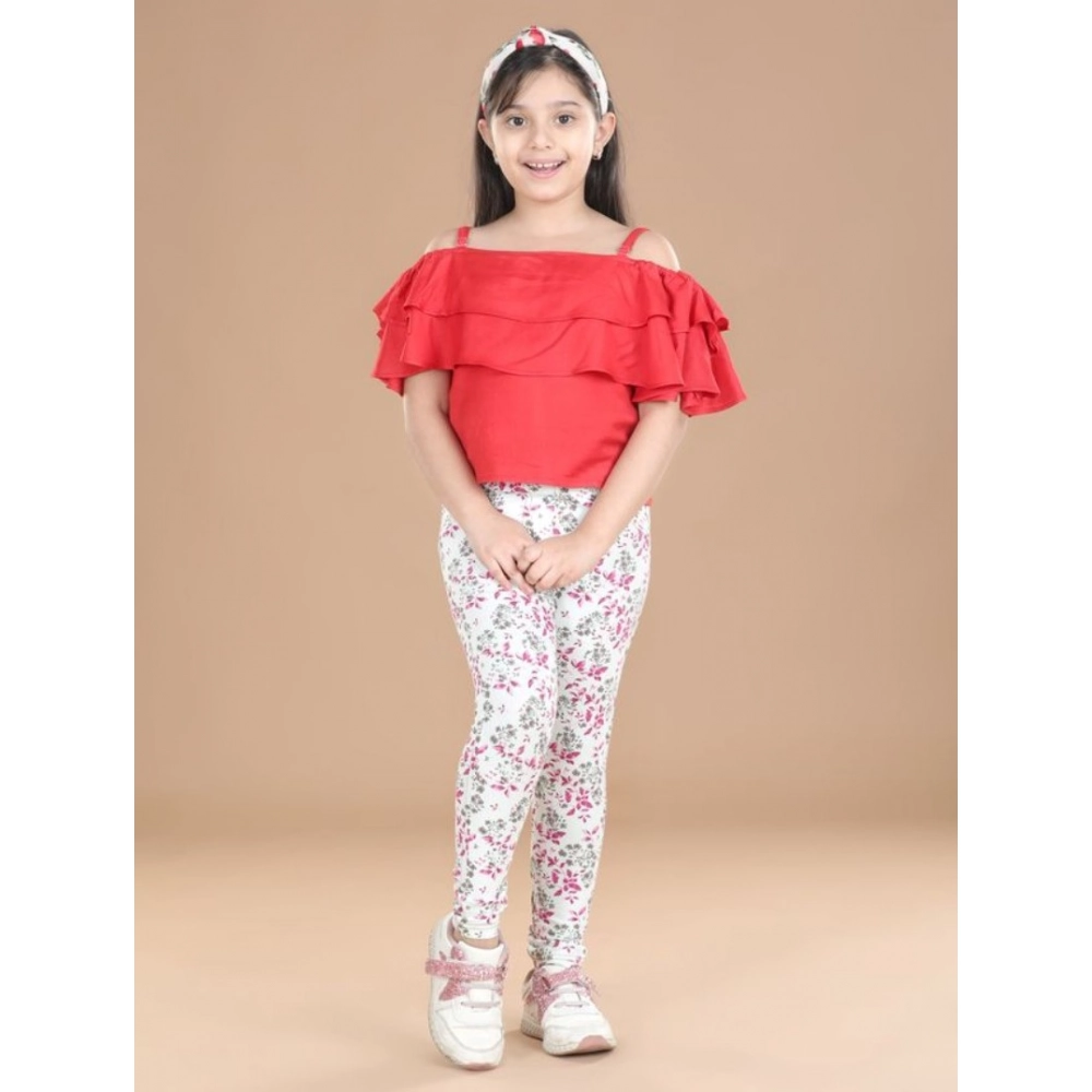 Girl's Cotton Lycra Floral Elasticated Jeggings (White-Pink) Girl's Cotton Lycra Floral Elasticated Jeggings (White-Pink)