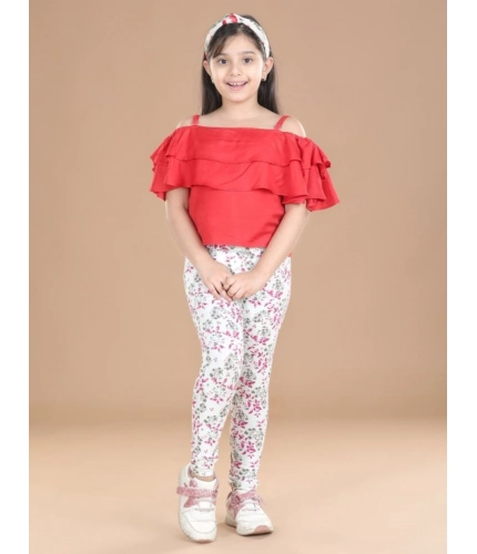 Girl's Cotton Lycra Floral Elasticated Jeggings (White-Pink)