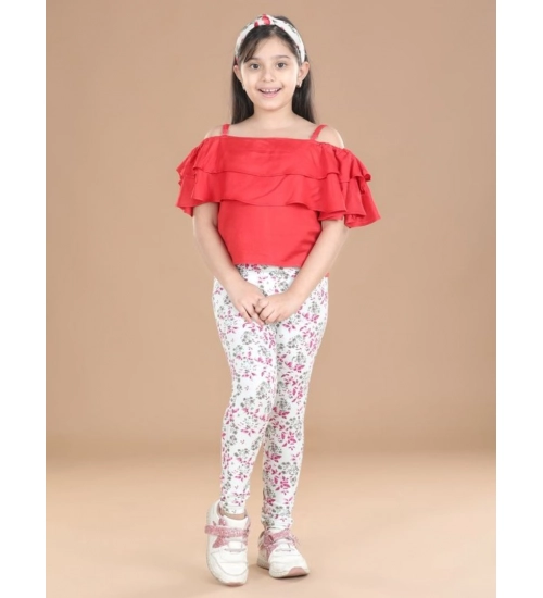 Girl's Cotton Lycra Floral Elasticated Jeggings (White-Pink)
