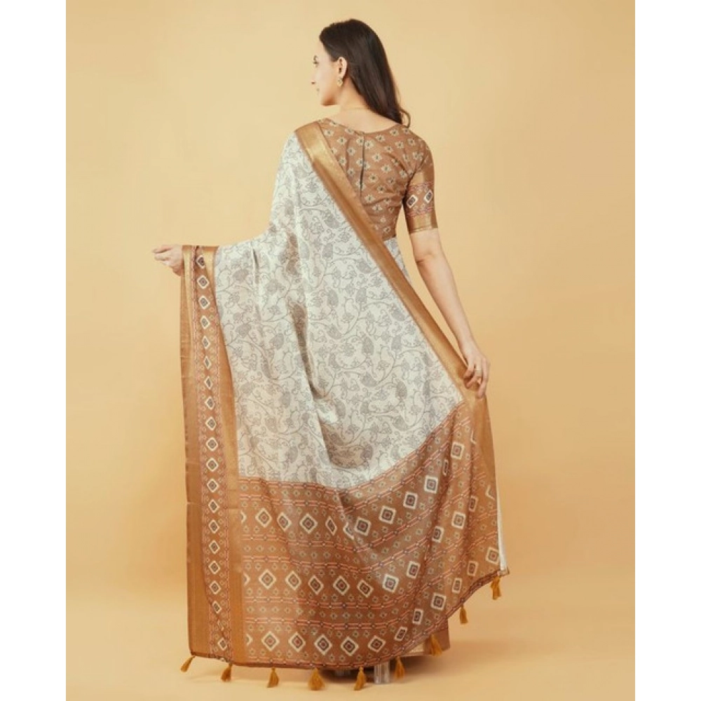 Women's Polyester Printed Saree With Unstitched Blouse 5.5 Mtr (Off-White)