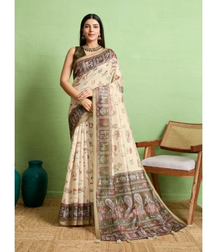 Women's Silk Blend Printed Saree With Unstitched Blouse 5.5Mtr (Cream)