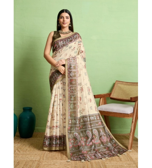 Women's Silk Blend Printed Saree With Unstitched Blouse 5.5Mtr (Cream)