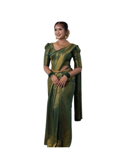 Women's Soft Lichi Silk Printed Saree With Unstitched Blouse 5.5Mtr (Green)