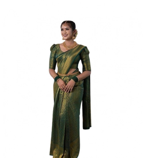 Women's Soft Lichi Silk Printed Saree With Unstitched Blouse 5.5Mtr (Green)