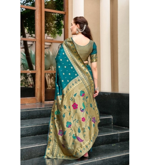 Women's Silk Blend Paithani Weaving Saree With Unstitched Blouse 5.5Mtr (Rama)