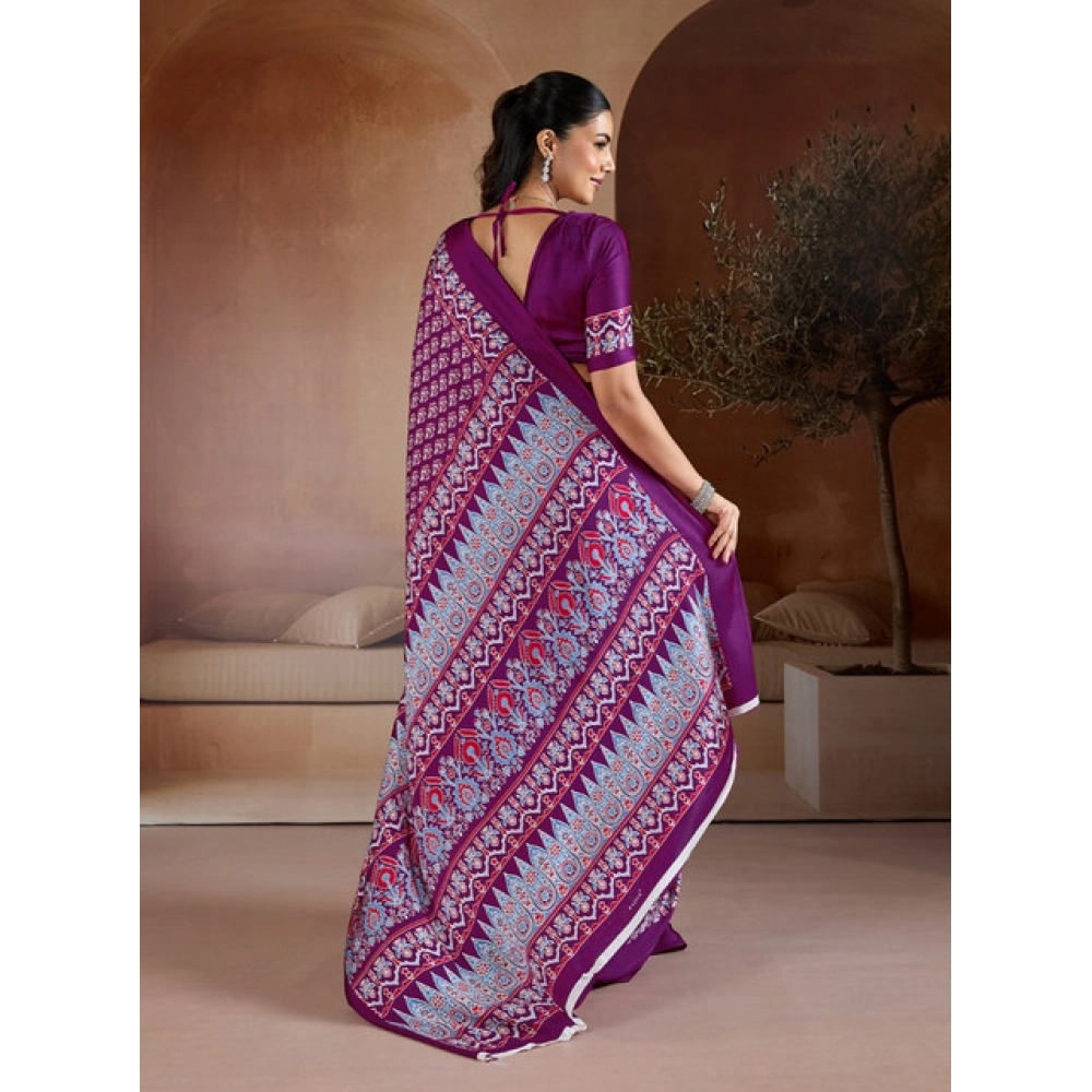 Women's Satin Crepe Printed Saree With Unstitched Blouse 5.5Mtr (Purple)