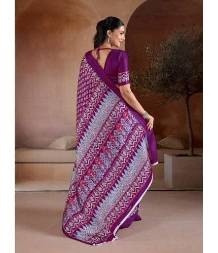 Women's Satin Crepe Printed Saree With Unstitched Blouse 5.5Mtr (Purple)