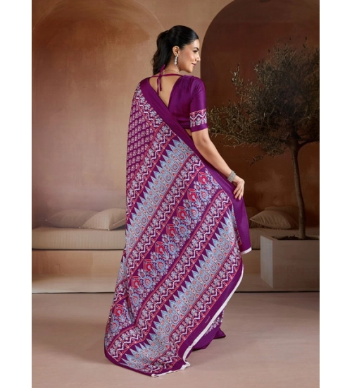 Women's Satin Crepe Printed Saree With Unstitched Blouse 5.5Mtr (Purple)