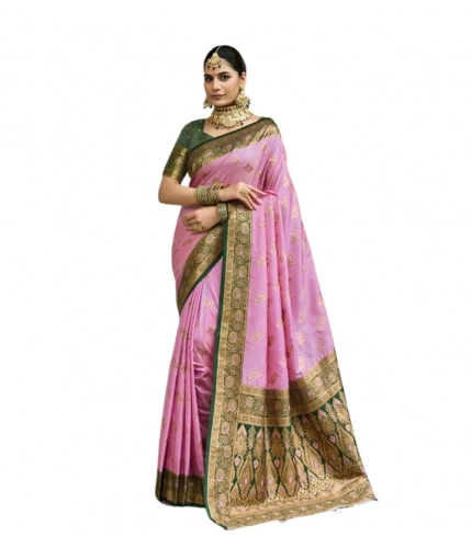 Women's Silk Blend Booti Work Ready to wear Saree With Unstitched Blouse 5.5Mtr (LightPink)