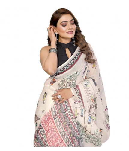 Women's Linen Cotton Printed Saree With Unstitched Blouse 5.5Mtr (Off White)