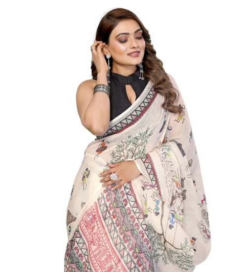 Women's Linen Cotton Printed Saree With Unstitched Blouse 5.5Mtr (Off White)