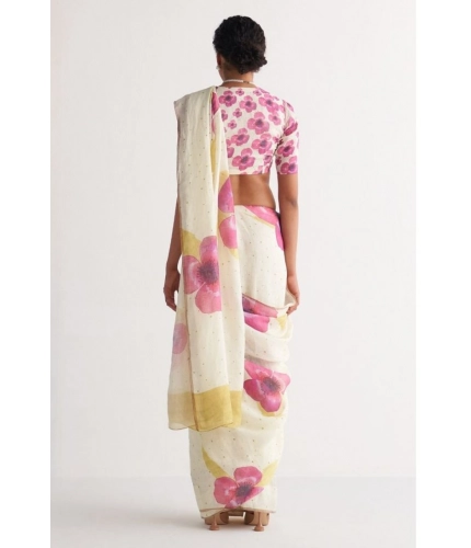 Women's Linen Printed Saree With Unstitched Blouse 5.5Mtr (White)